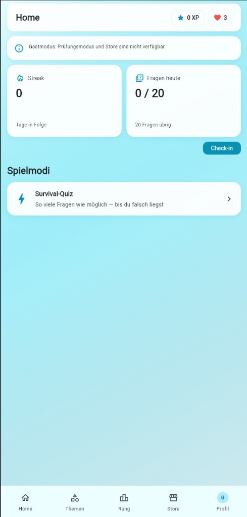 E-Campus Startseite mit Streak, Fragen heute und Survival-Quiz