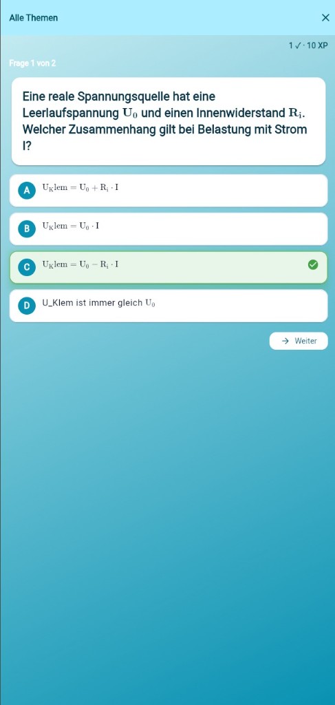 E-Campus Quiz mit Prüfungsfrage zur Klemmenspannung