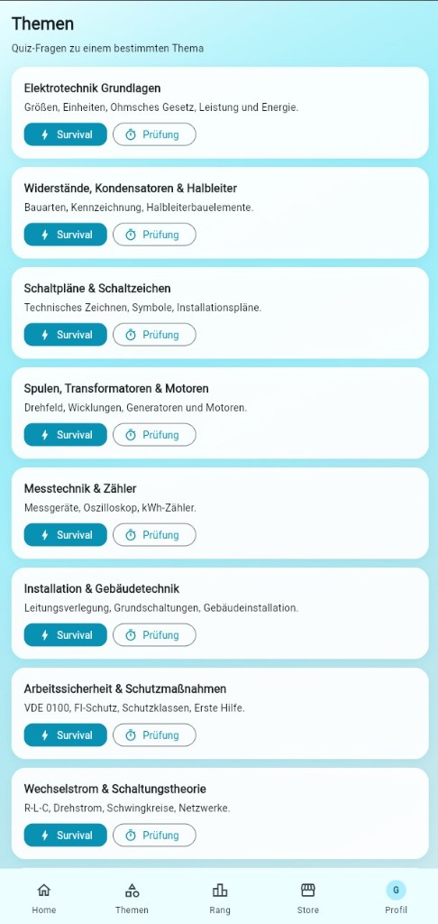E-Campus Themenübersicht mit Fachgebieten der Elektrotechnik