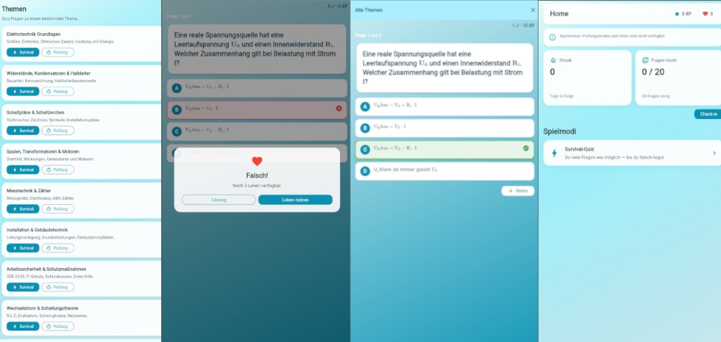 Screenshots der E-Campus App mit Quiz-Themen, Survival-Modus und Prüfungsfragen